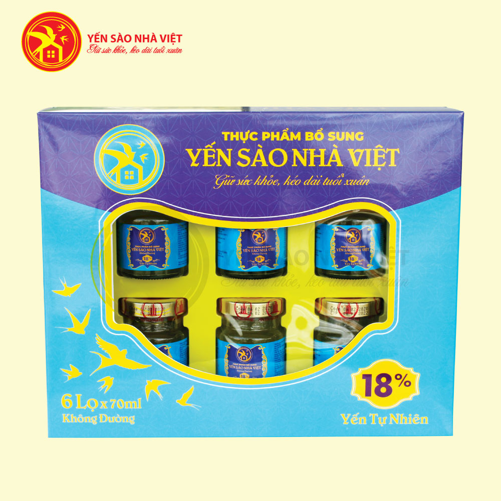 Nước Yến Nhà Việt hộp 6 lọ x 70ml không đường 18% yến tự nhiên Nước Yến Nhà Việt hộp 6 lọ x 70ml không đường 18% yến tự nhiên