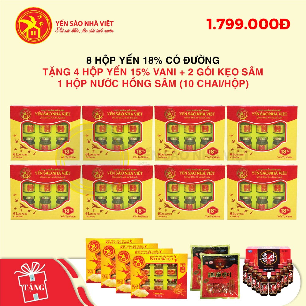 8 Hộp yến 18% có đường - Tặng 4 hộp yến 15% vani + 2 gói kẹo sâm + 1 hộp nước hồng sâm (10 chai/hộp) 8 Hộp yến 18% có đường - Tặng 4 hộp yến 15% vani + 2 gói kẹo sâm + 1 hộp nước hồng sâm (10 chai/hộp)