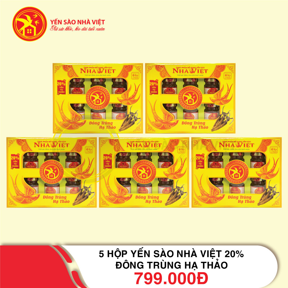 5 Hộp yến sào Nhà Việt 20% Đông Trùng Hạ Thảo (6 lọ/hộp) 5 Hộp yến sào Nhà Việt 20% Đông Trùng Hạ Thảo (6 lọ/hộp)