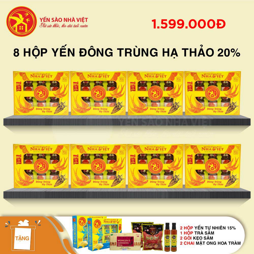 8 Hộp yến sào Nhà Việt 20% Đông Trùng Hạ Thảo (6 lọ/hộp) - Tặng 2 hộp yến tự nhiên 15% + 2 chai mật ong Hoa Tràm 380g + 1 hộp trà sâm 100 gói + 2 gói kẹo sâm 8 Hộp yến sào Nhà Việt 20% Đông Trùng Hạ Thảo (6 lọ/hộp) - Tặng 2 hộp yến tự nhiên 15% + 2 chai mật ong Hoa Tràm 380g + 1 hộp trà sâm 100 gói + 2 gói kẹo sâm