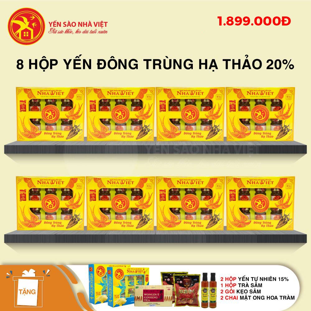 8 Hộp yến sào Nhà Việt 20% Đông Trùng Hạ Thảo (6 lọ/hộp) - Tặng 2 hộp yến tự nhiên 15% + 2 chai mật ong Hoa Tràm 380g + 1 hộp trà sâm 100 gói + 2 gói kẹo sâm 8 Hộp yến sào Nhà Việt 20% Đông Trùng Hạ Thảo (6 lọ/hộp) - Tặng 2 hộp yến tự nhiên 15% + 2 chai mật ong Hoa Tràm 380g + 1 hộp trà sâm 100 gói + 2 gói kẹo sâm