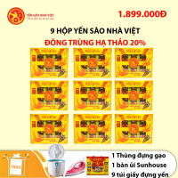 9 Hộp yến sào Nhà Việt 20% Đông Trùng Hạ Thảo (6 lọ/hộp) - Tặng 1 Thùng đựng gạo + 1 bàn ủi Sunhouse SHD1072 + 9 túi giấy đựng yến
